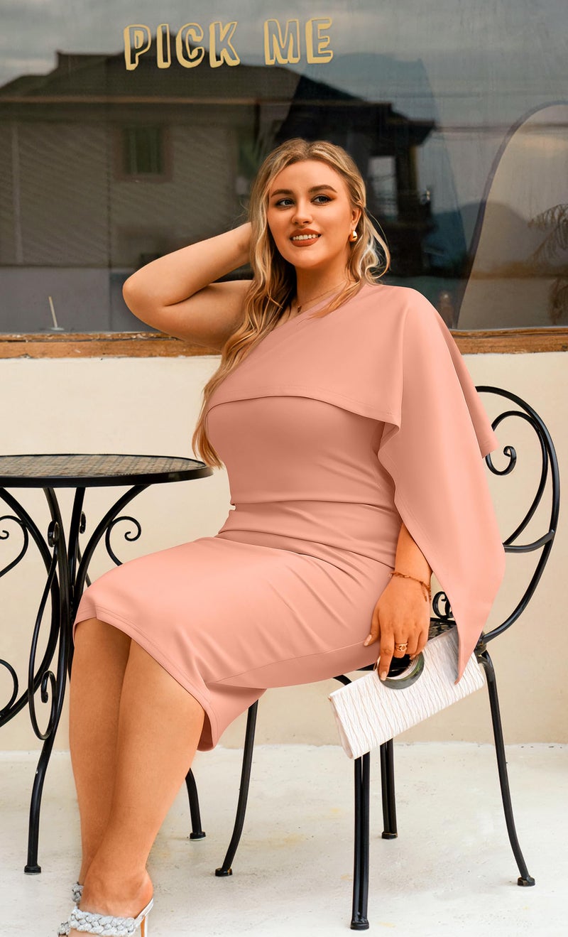 GOBLES Women's Summer Sexy One Shoulder Ruffle Bodycon Midi Cocktail Dress Nude Pink - Image 5
